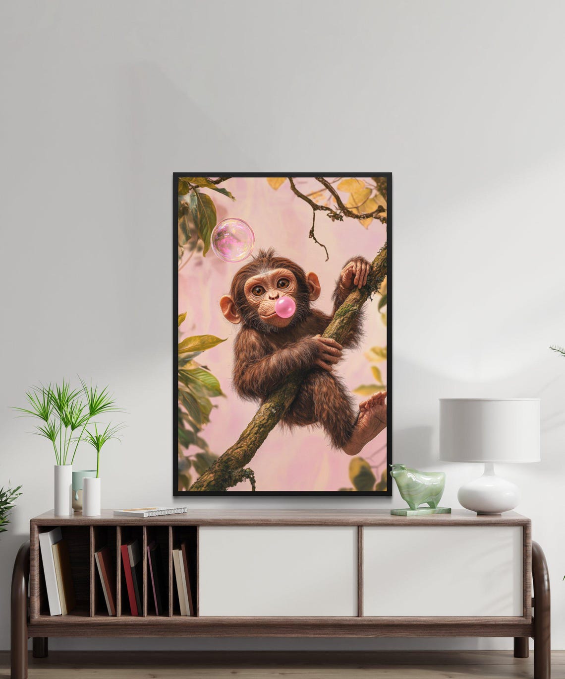 Baby Monkey Climbing Tree Blowing Pink Bubble Cute Art Poster - Image 5