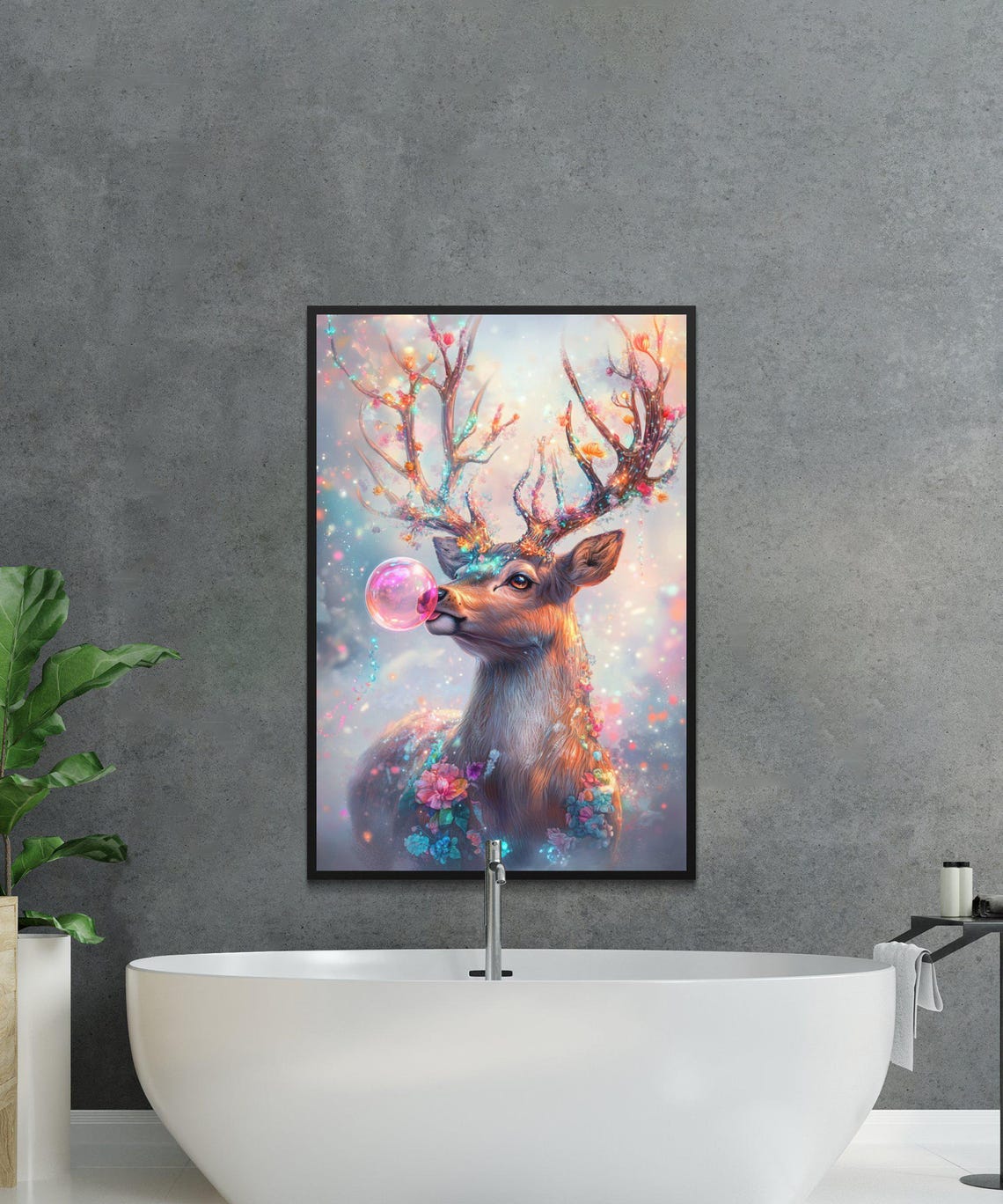 Magical Deer With Blossom Antlers Blowing Pink Bubble Poster - Image 4