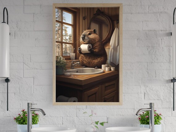 Cheerful Beaver Holding Toilet Paper Sitting on the Bathroom Sink Poster