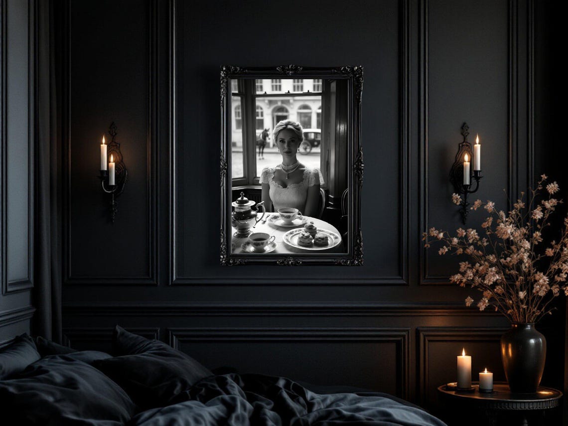 Elegant Woman Enjoying Afternoon Tea by Cafe Window, B&W Poster - Image 3