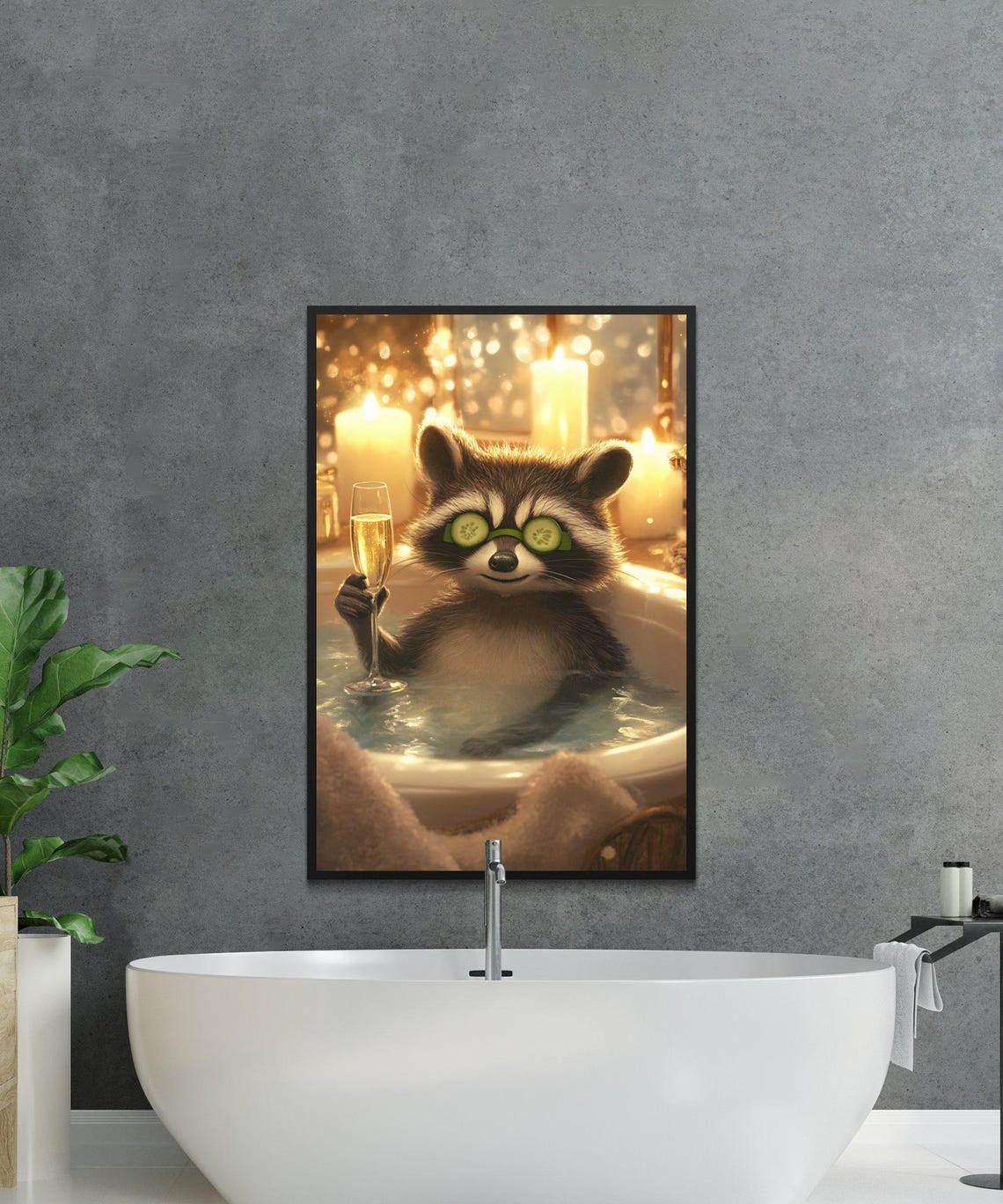 Relaxing Raccoon With Cucumber Slices Toasting in a Bubble Bath Poster - Image 2