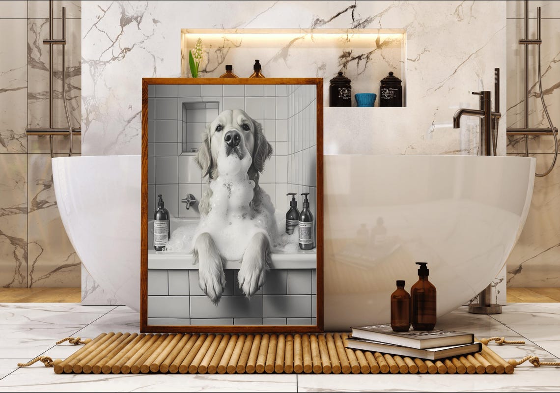 Golden Retriever Enjoying a Bubble Bath Black and White Dog Poster - Image 5