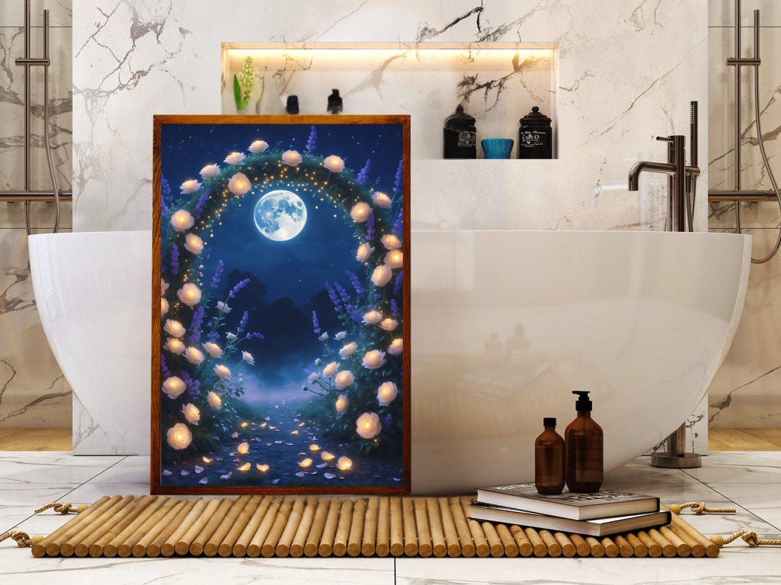 Glowing White Rose Arch Under A Full Moon In A Night Garden Poster - Image 5