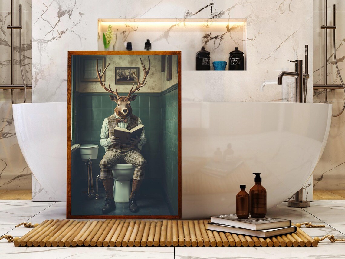 Gentleman Stag Deer in a Tweed Suit Reading on the Toilet Poster - Image 5