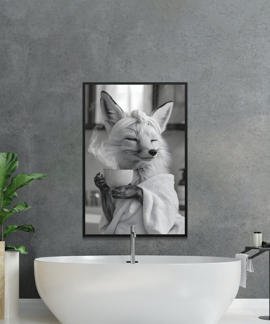 Relaxed Fox Wrapped in a Towel Savoring a Steaming Cup Poster - Image 2