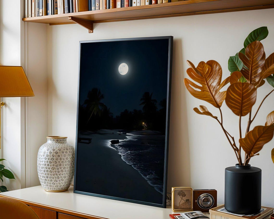 Full Moon over Peaceful Night Beach Silhouette Moonlit Ocean Poster - Image 3
