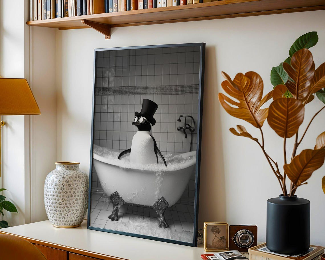 Dapper Penguin in Top Hat Relaxing in Bubble Bath Vintage Poster - Image 4
