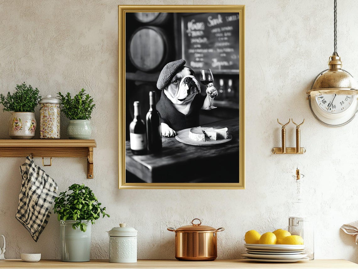 Bulldog in Beret Tasting Wine With Cheese Platter Bar Poster
