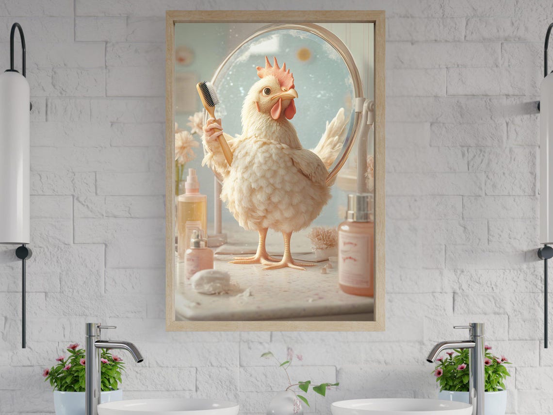 Charming White Hen Doing Her Beauty Routine at the Vanity Poster