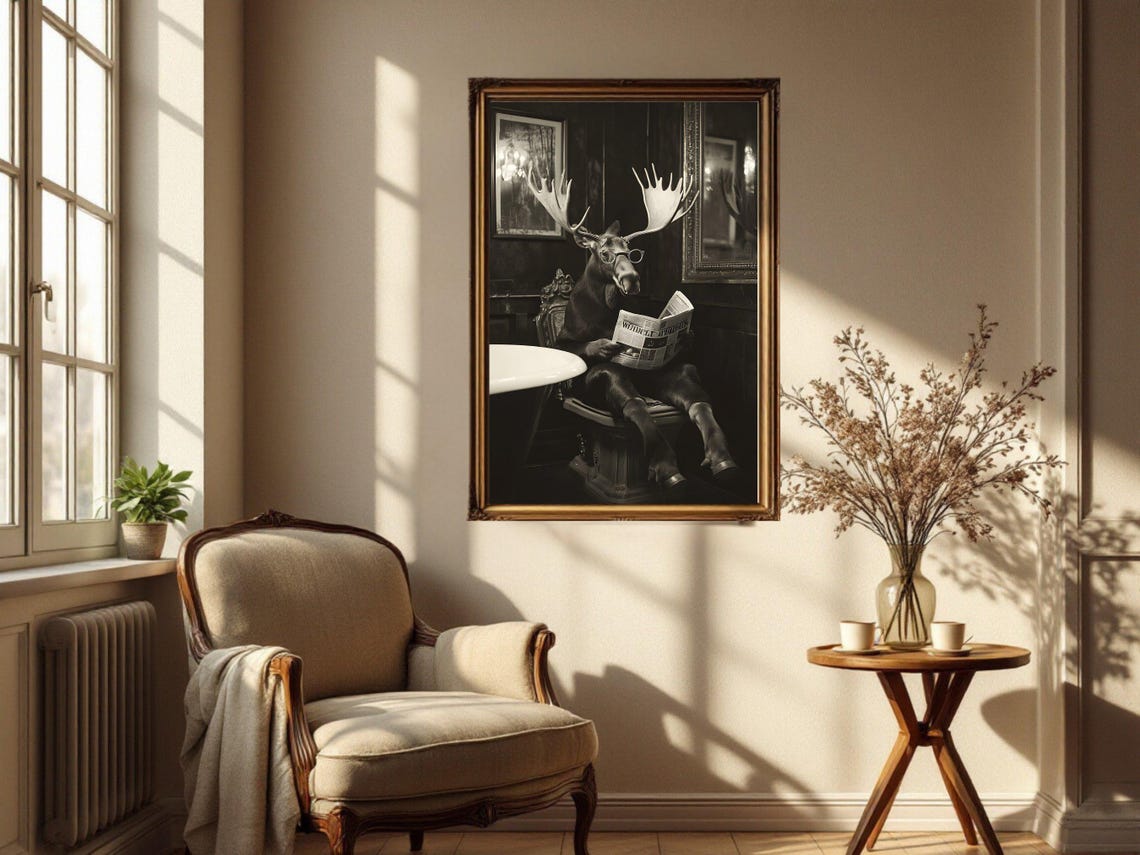 Moose Wearing Glasses Reading Newspaper Sepia Tone Bathroom Poster - Image 4