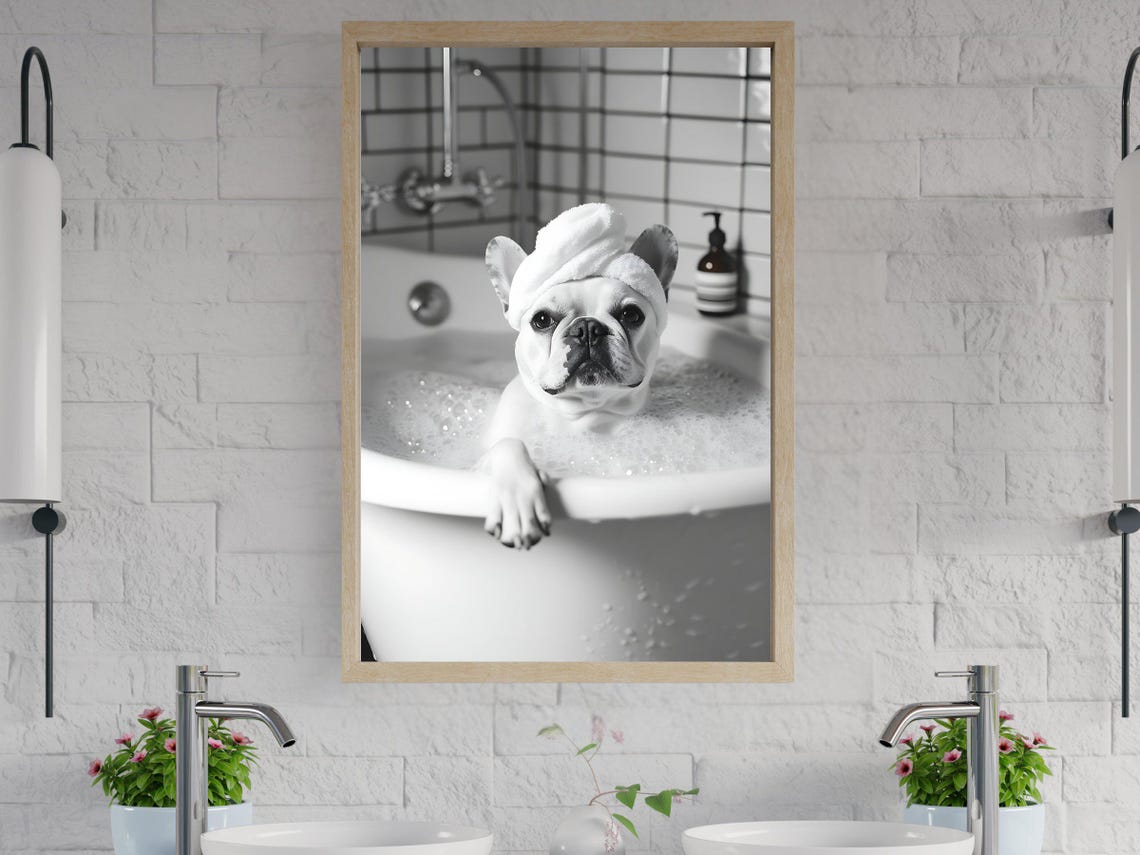 French Bulldog Enjoying a Bubble Bath With a Towel Turban Poster
