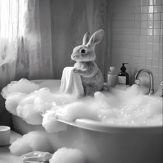 Bunny Sitting in a Bubble Bath Black and White Bathroom Decor Poster