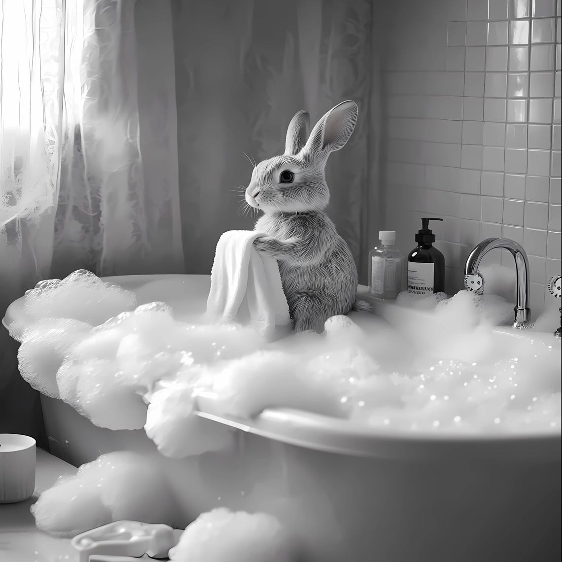 Bunny Sitting in a Bubble Bath Black and White Bathroom Decor Poster