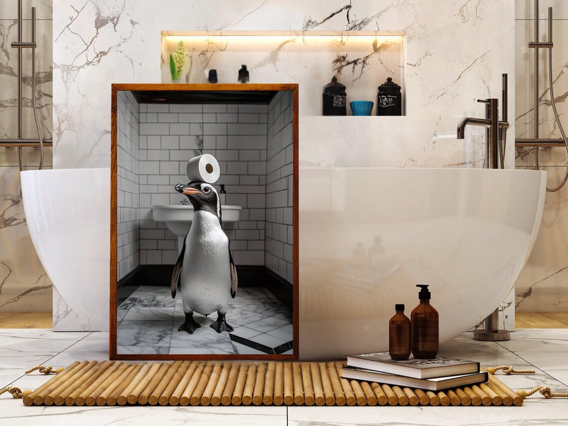 Penguin Balancing Toilet Paper On Head Funny Bathroom Animal Poster - Image 5