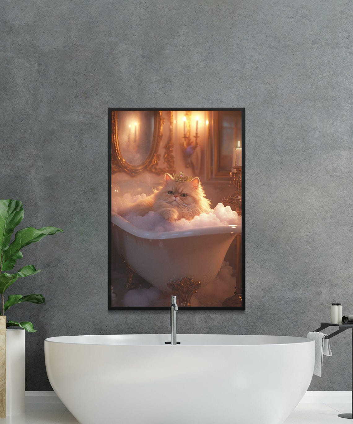 Persian Cat Wearing a Gold Crown in a Bubble Bath Royal Poster - Image 2