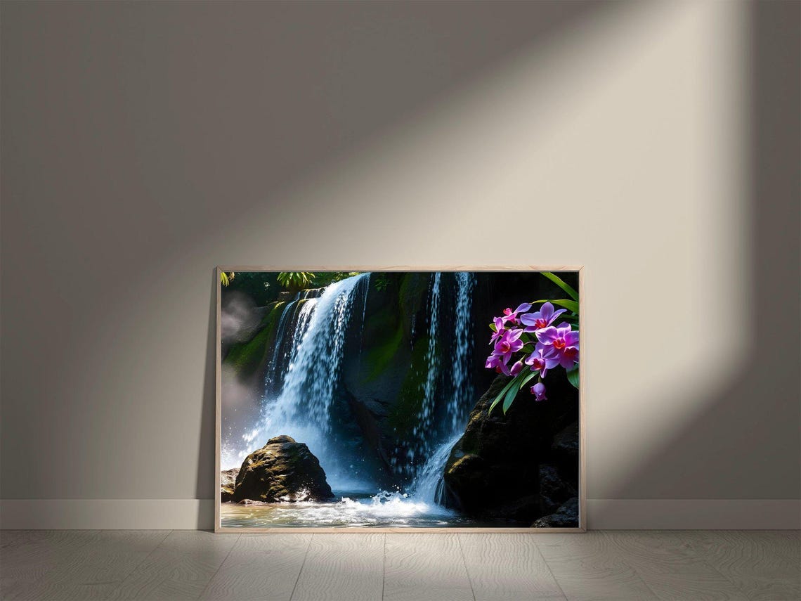 Tropical Waterfall With Purple Orchids Nature Landscape Poster - Image 5