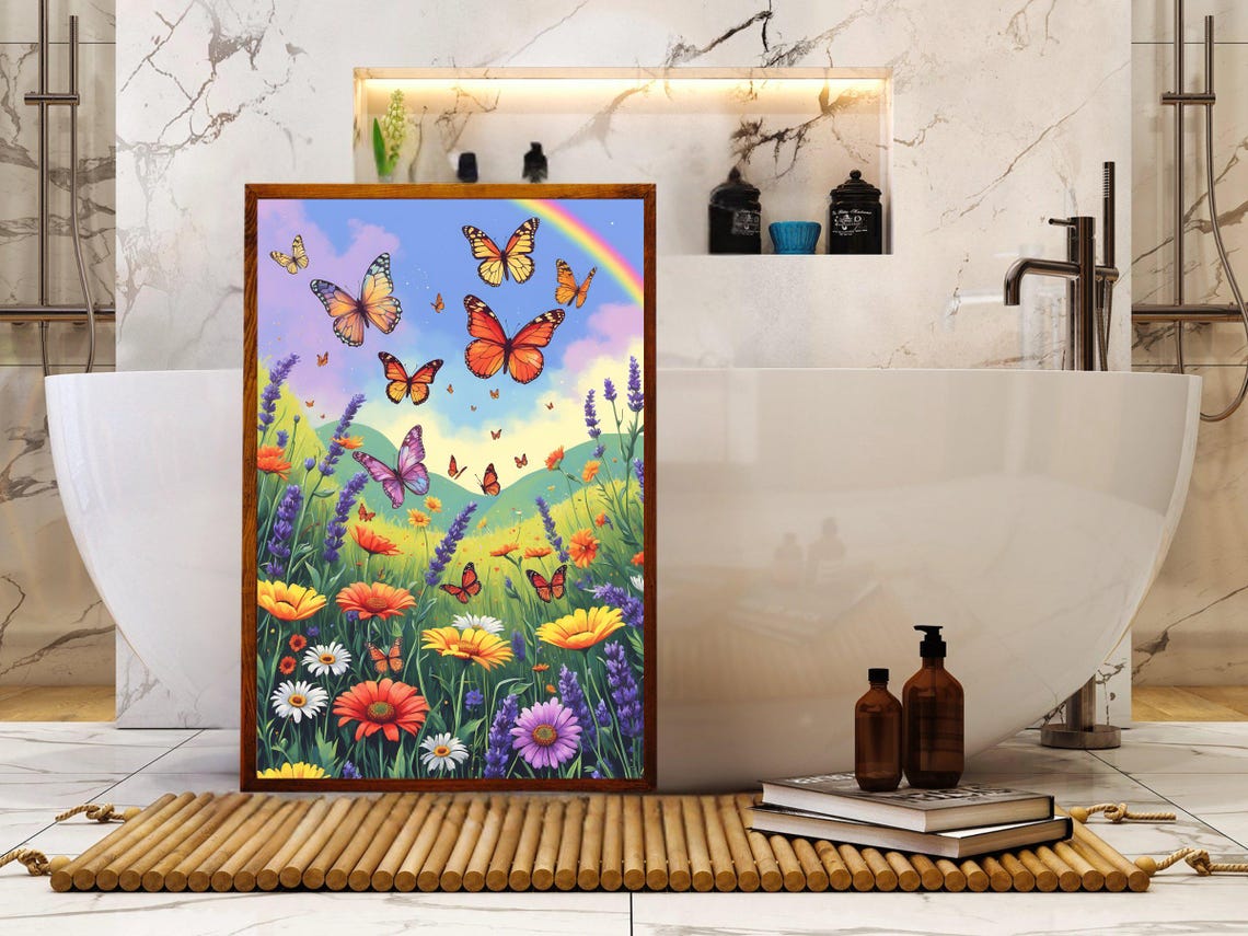 Monarch Butterfly Meadow Wildflowers Rainbow Sky Spring Art Print - Image 5