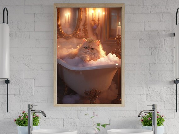 Persian Cat Wearing a Gold Crown in a Bubble Bath Royal Poster