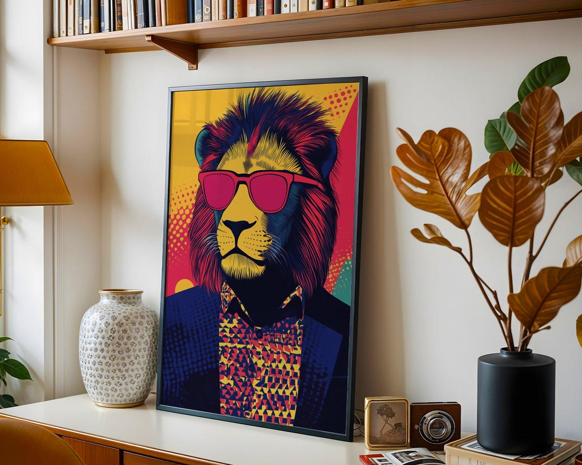 Bold Pop Art Lion In Pink Sunglasses And Suit On Halftone Poster - Image 5