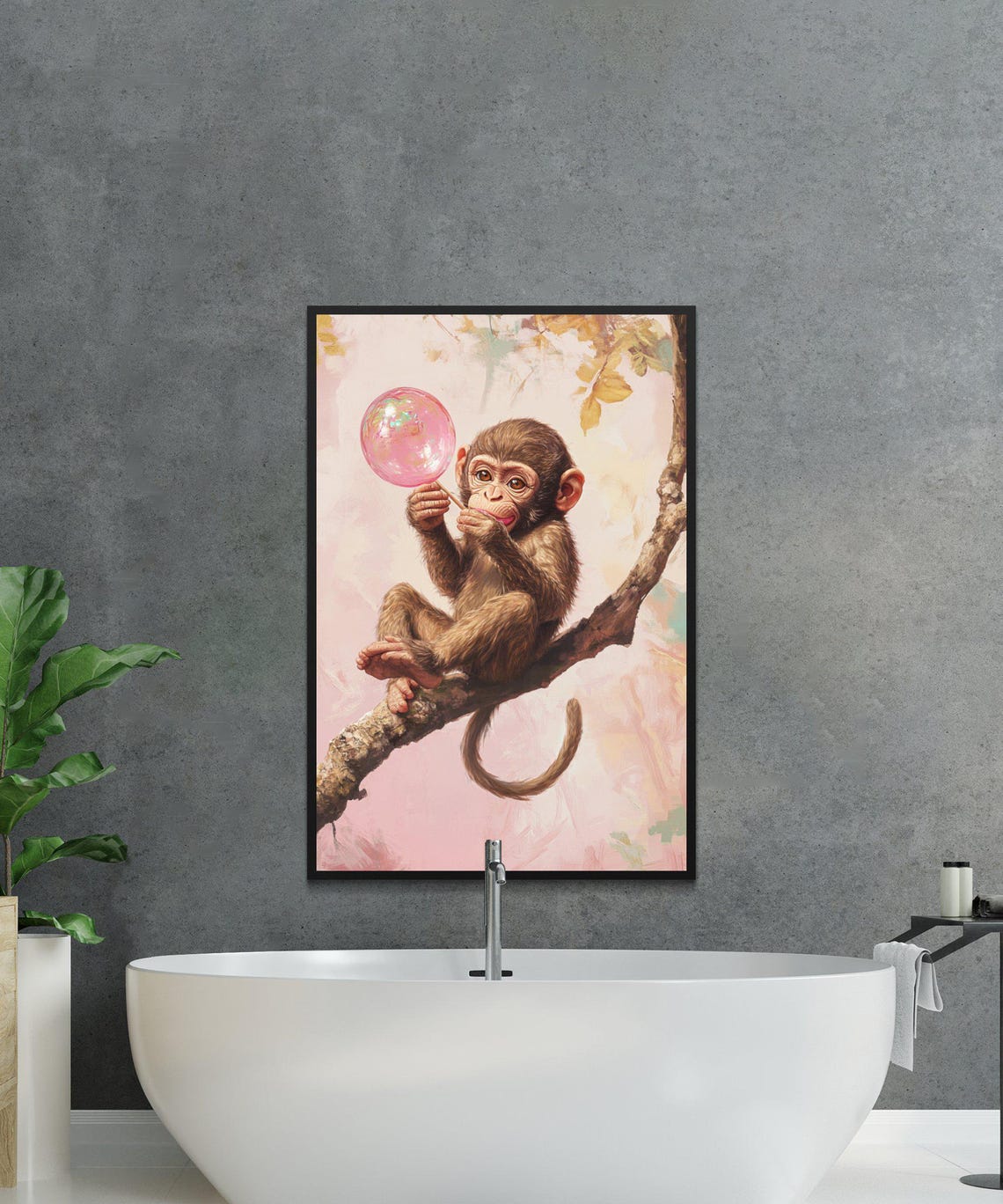 Baby Monkey on Branch Blowing Pink Bubblegum Bubble Art Poster - Image 4
