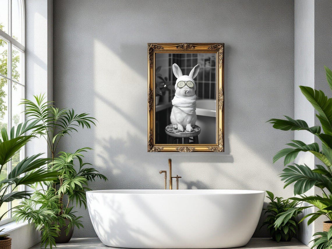 White Rabbit Spa With Cucumber Eyes Black And White Animal Poster - Image 3