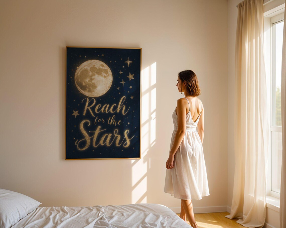 Reach for the Stars Gold Moon Navy Night Sky Celestial Quote Wall Poster - Image 5
