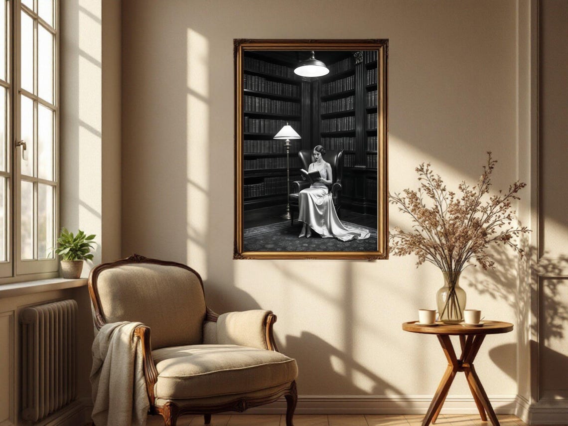 Woman In Satin Gown Reading Alone In A Vast Dark Library Poster - Image 2
