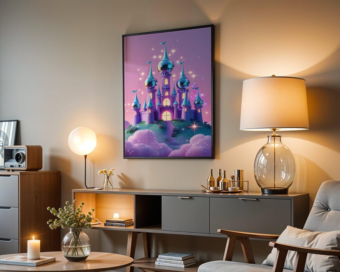 Fantasy Castle With Disco Ball Domes Purple Starry Sky Poster - Image 4