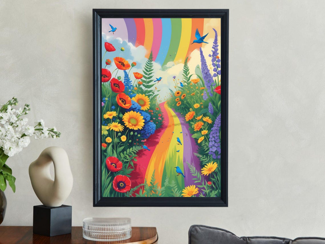 Rainbow Path Wildflower Garden Bluebirds Meadow Scene Art Print