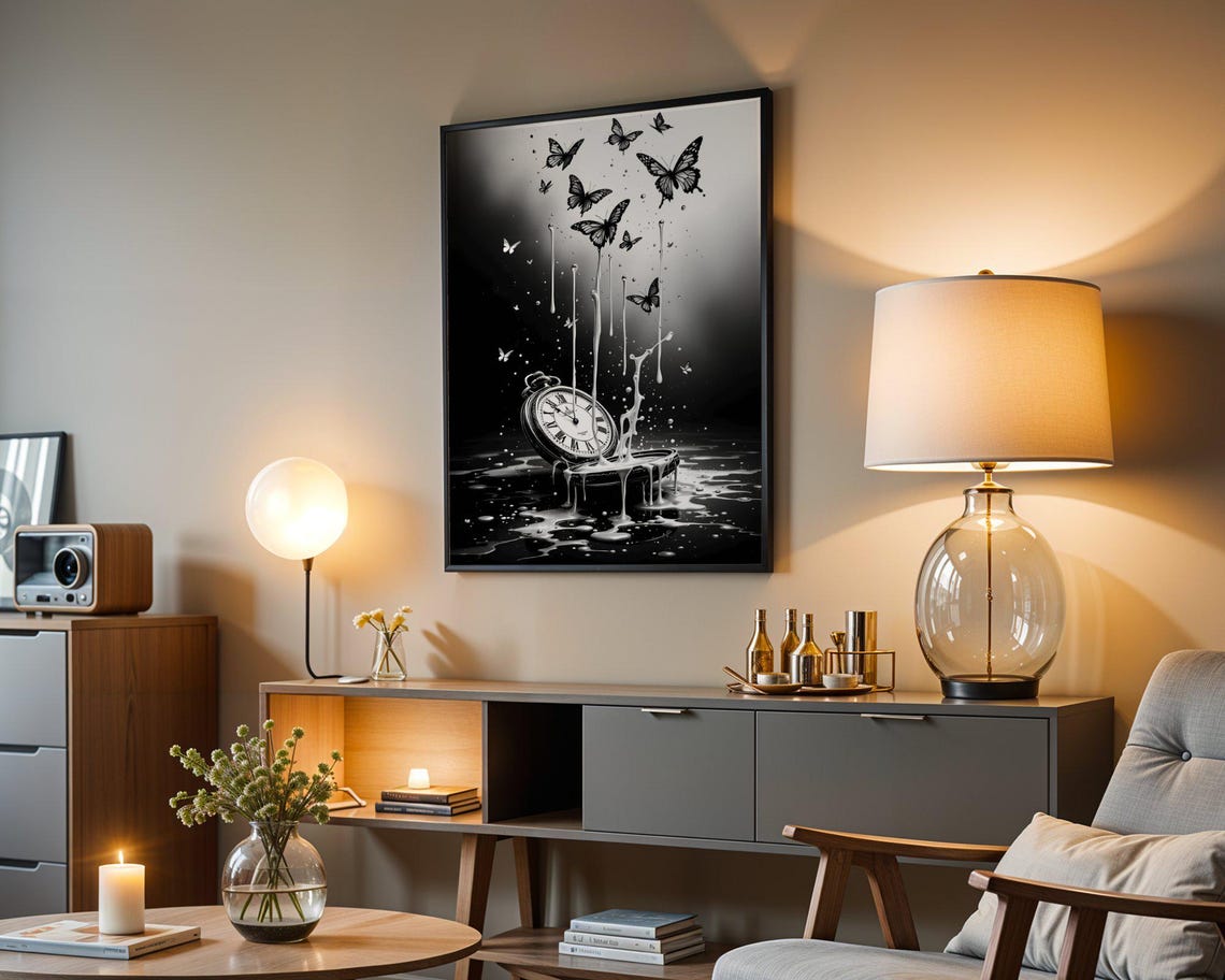 Surreal Melting Clock With Butterflies Art Print Black And White Artwork Dreamlike Wall Art Modern Home Decor Unique Gift - Image 3
