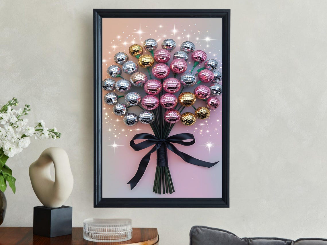 Disco Ball Flower Bouquet With Black Bow Sparkling Party Poster