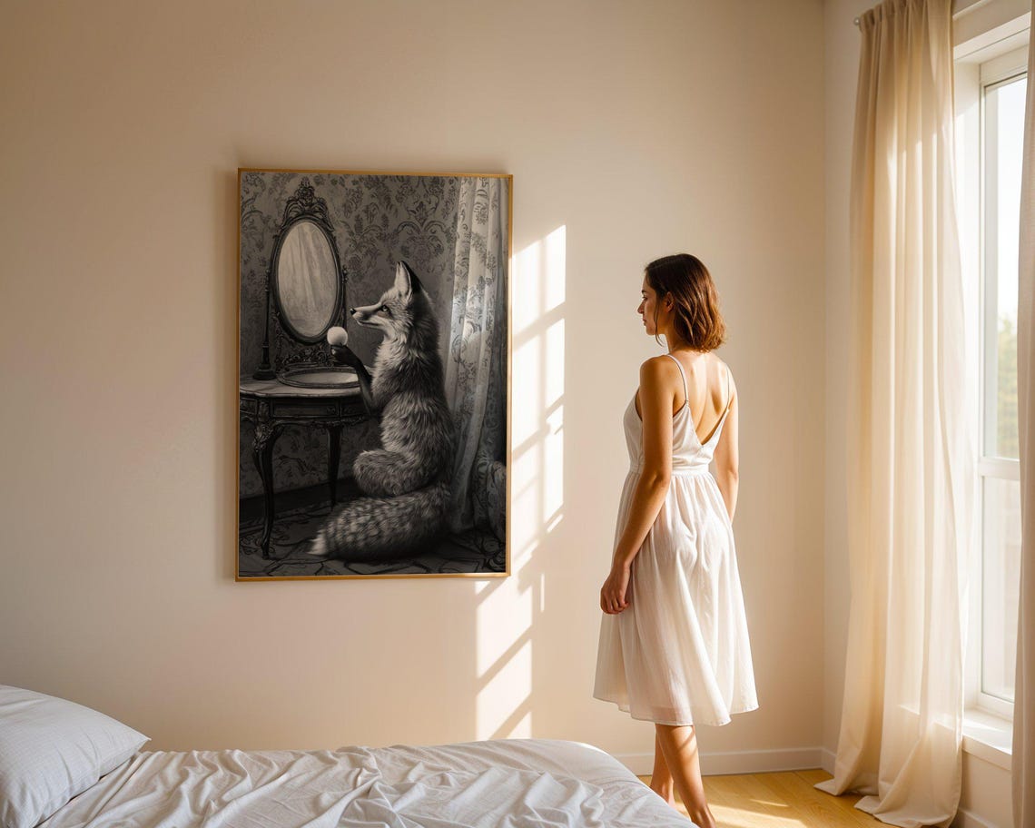 Vintage Black and White Fox Admiring Itself in a Mirror Poster - Image 3