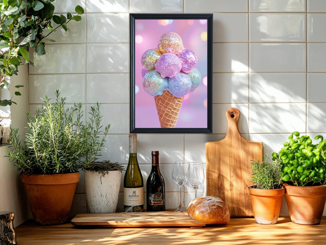 Sparkly Ice Cream Cone Wall Art Pastel Pink Glitter Print Fun And Colorful Ice Cream Poster Cute Pastel Room Decor - Image 2