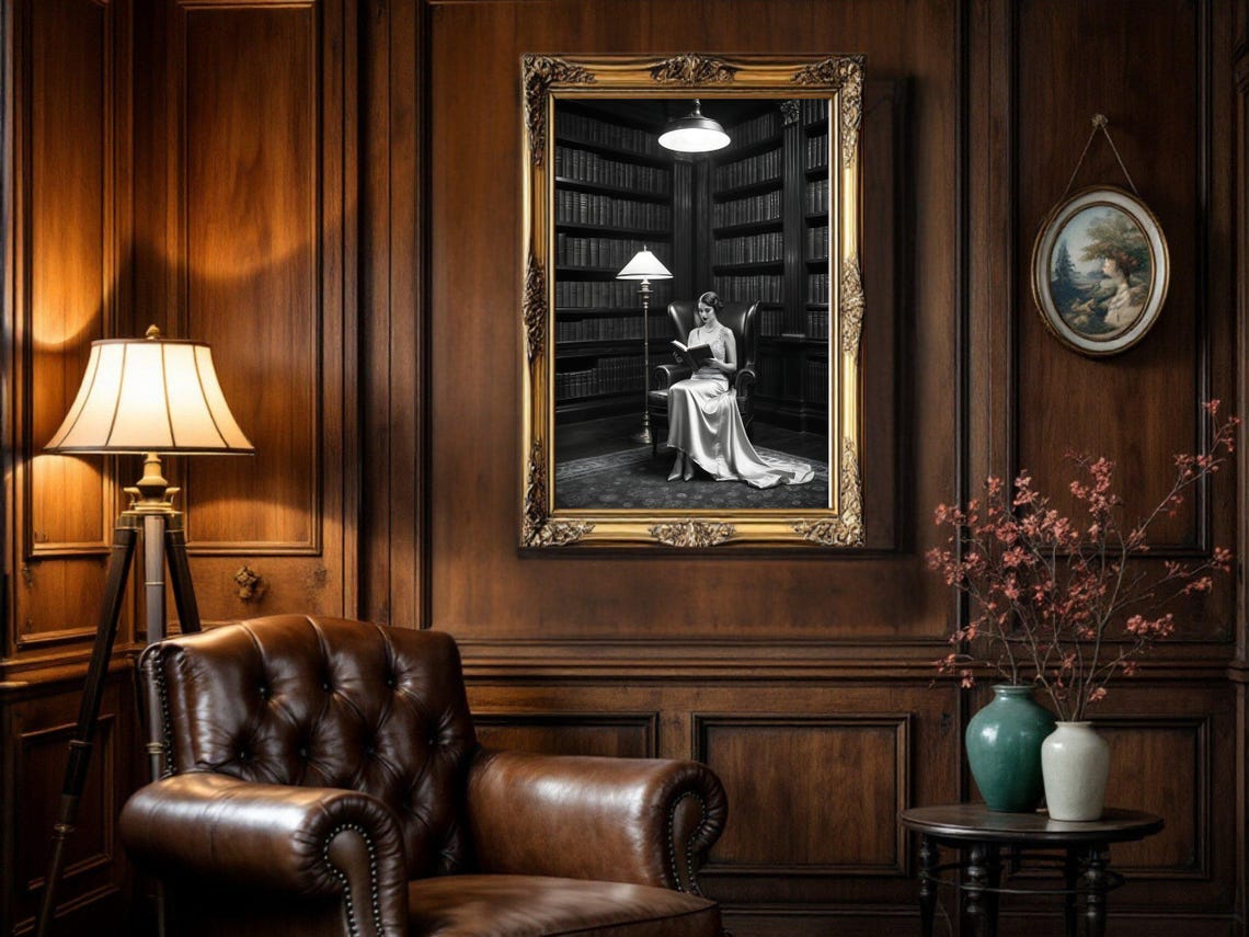 Woman In Satin Gown Reading Alone In A Vast Dark Library Poster - Image 5
