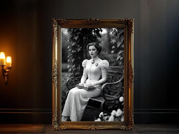Victorian Lady In White Lace Dress Reading In A Garden Poster
