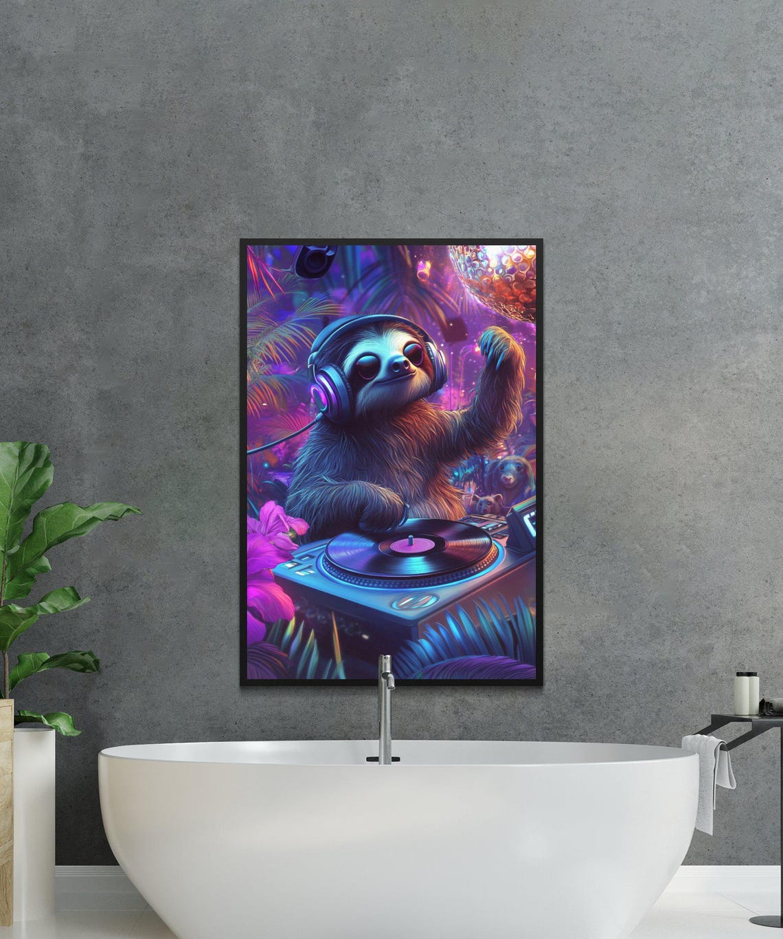 Sloth DJ Spinning Records at a Neon Jungle Dance Party Poster - Image 2