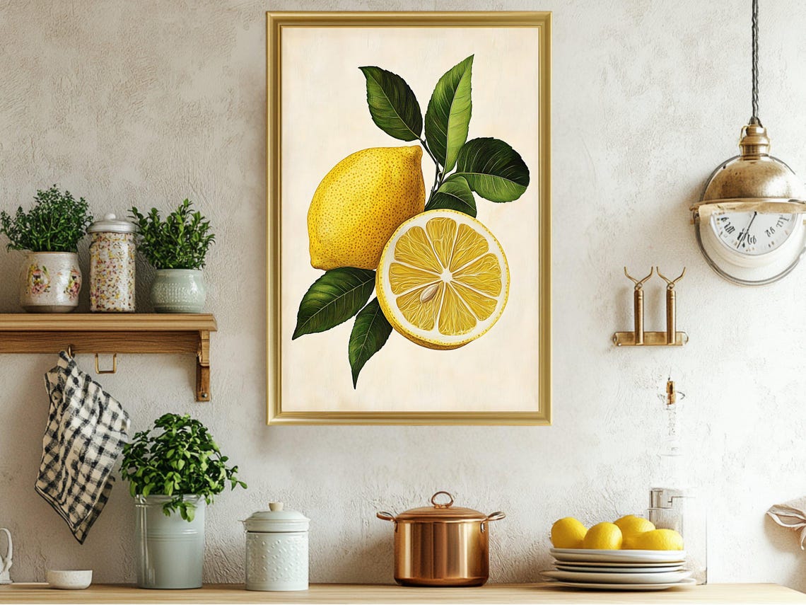 Vintage Lemon and Half Lemon Botanical Citrus Kitchen Poster