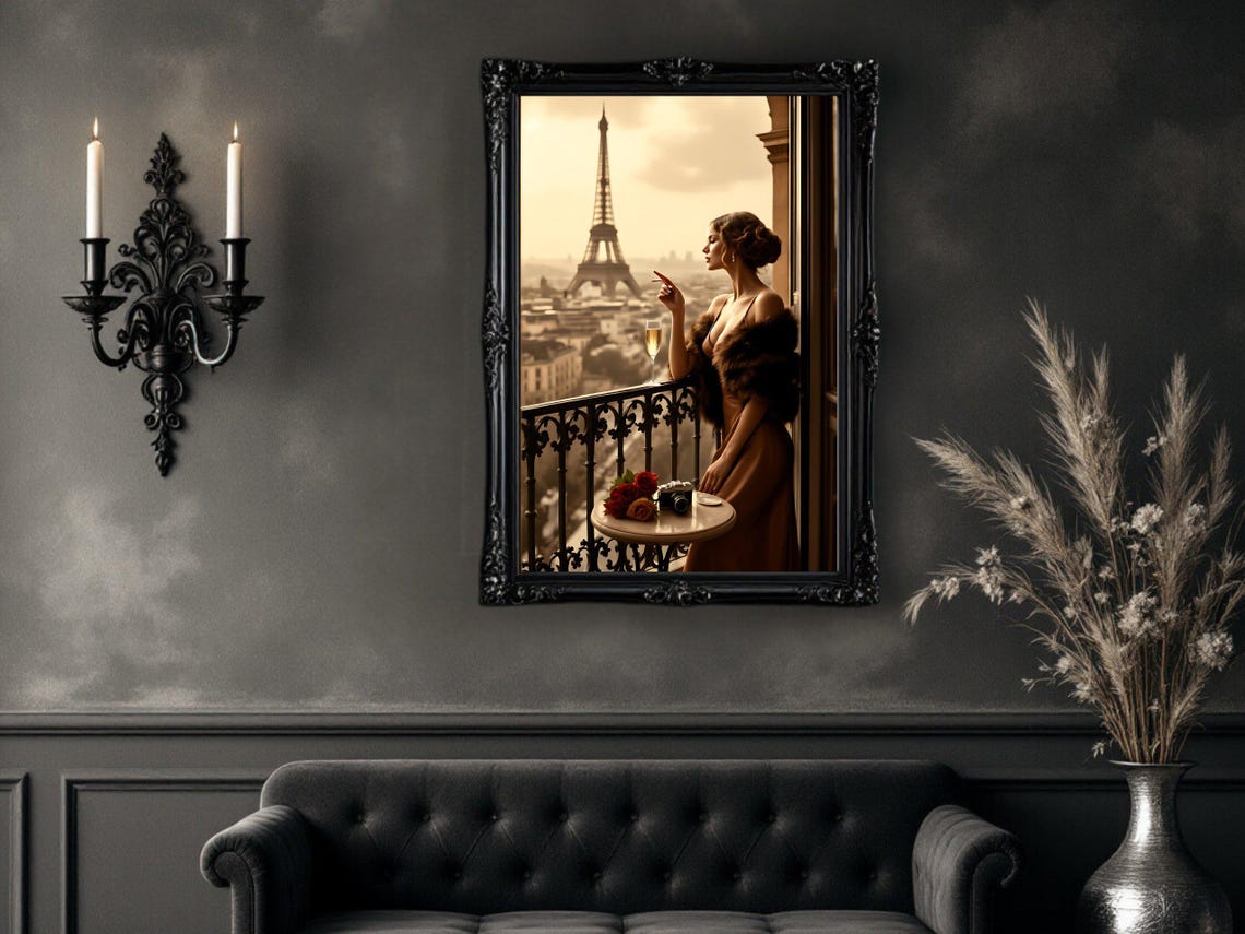 Woman on Paris Balcony with Eiffel Tower View and Champagne Poster - Image 4