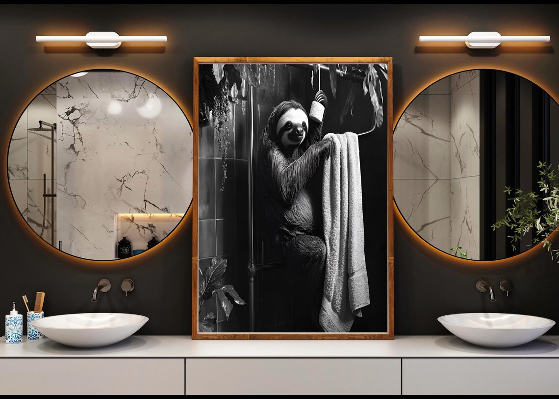 Sloth Hanging In Shower Holding Towel Black And White Poster - Image 4