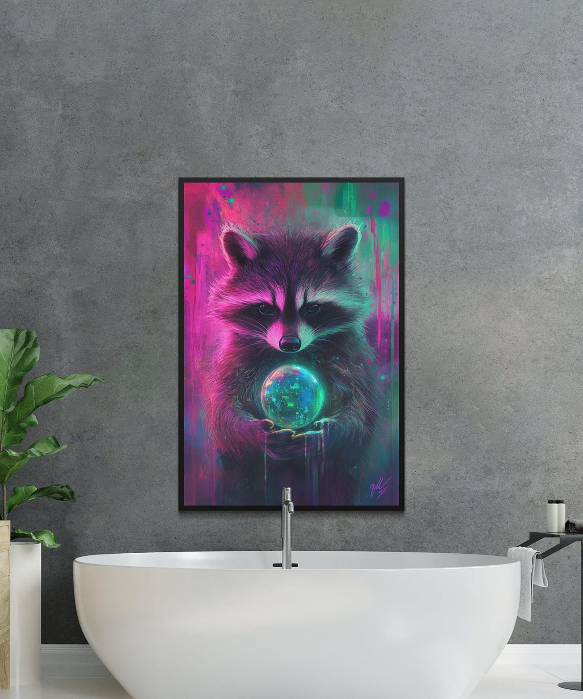 Neon Raccoon Holding A Glowing Galaxy Orb In Pink And Teal Poster - Image 4