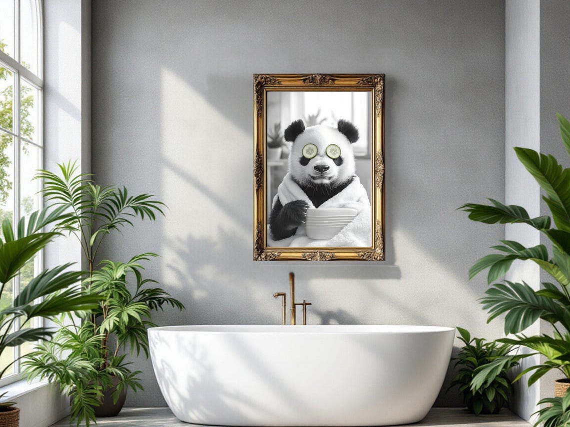 Spa Day Panda With Cucumber Slices Holding a Stack of Bowls Poster - Image 3