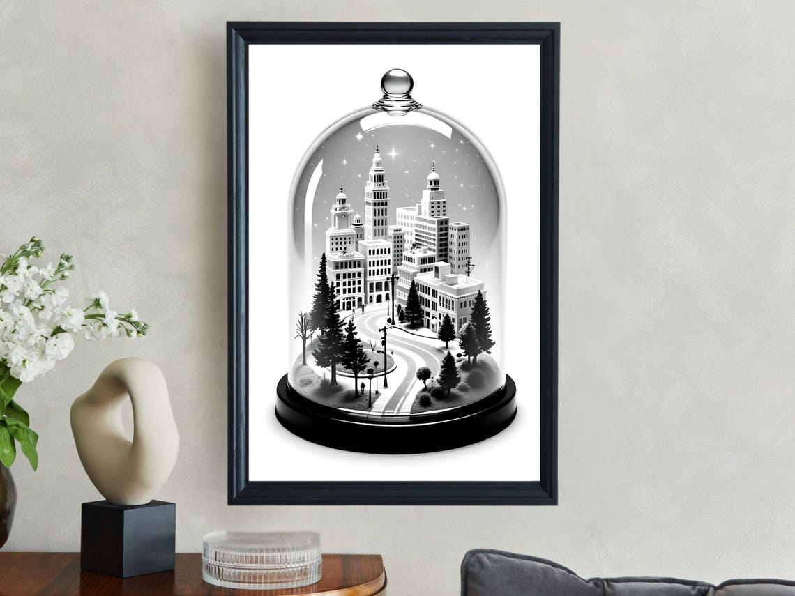 Miniature City Under Glass Dome Black White Night Dream Poster