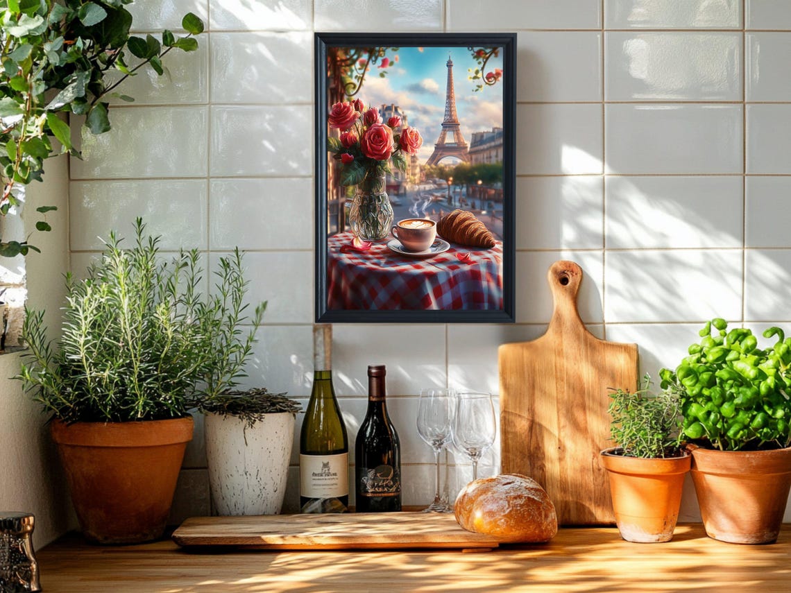 Paris Cafe Scene Eiffel Tower Croissant Coffee Romantic Poster - Image 2