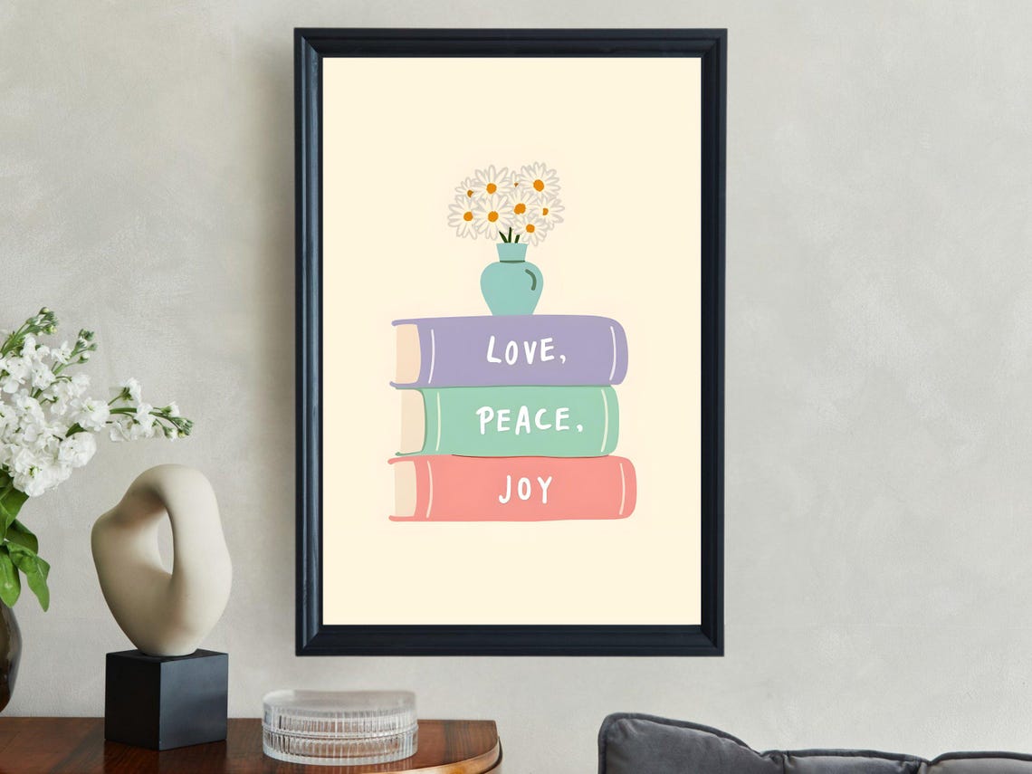 Love Peace Joy Book Stack with Daisy Vase Pastel Floral Wall Art