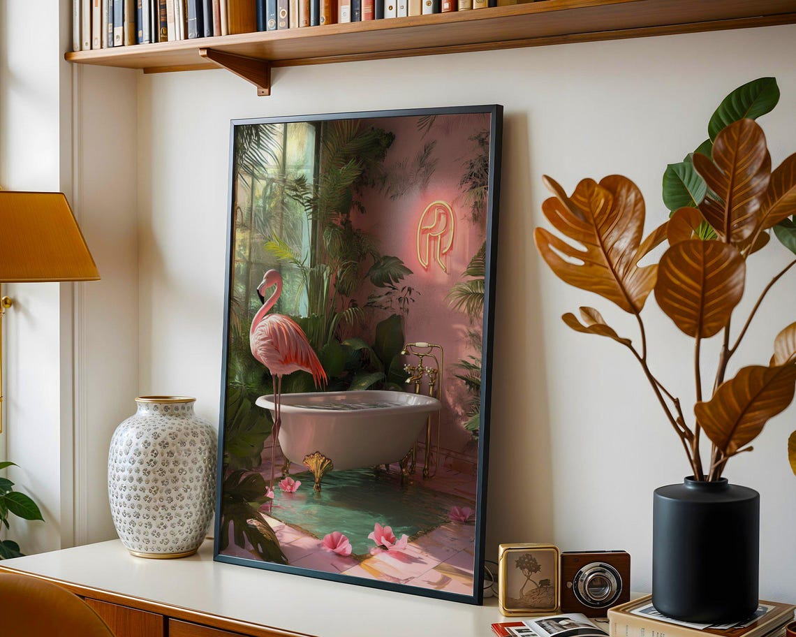Pink Flamingo Standing in a Bathtub Under a Neon Sign Poster - Image 4