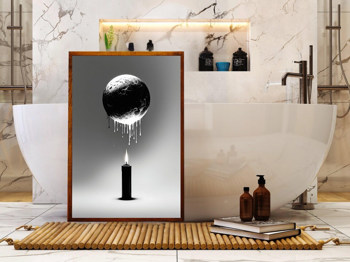 Dripping Moon Over a Single Lit Candle Black and White Minimalist Poster - Image 4