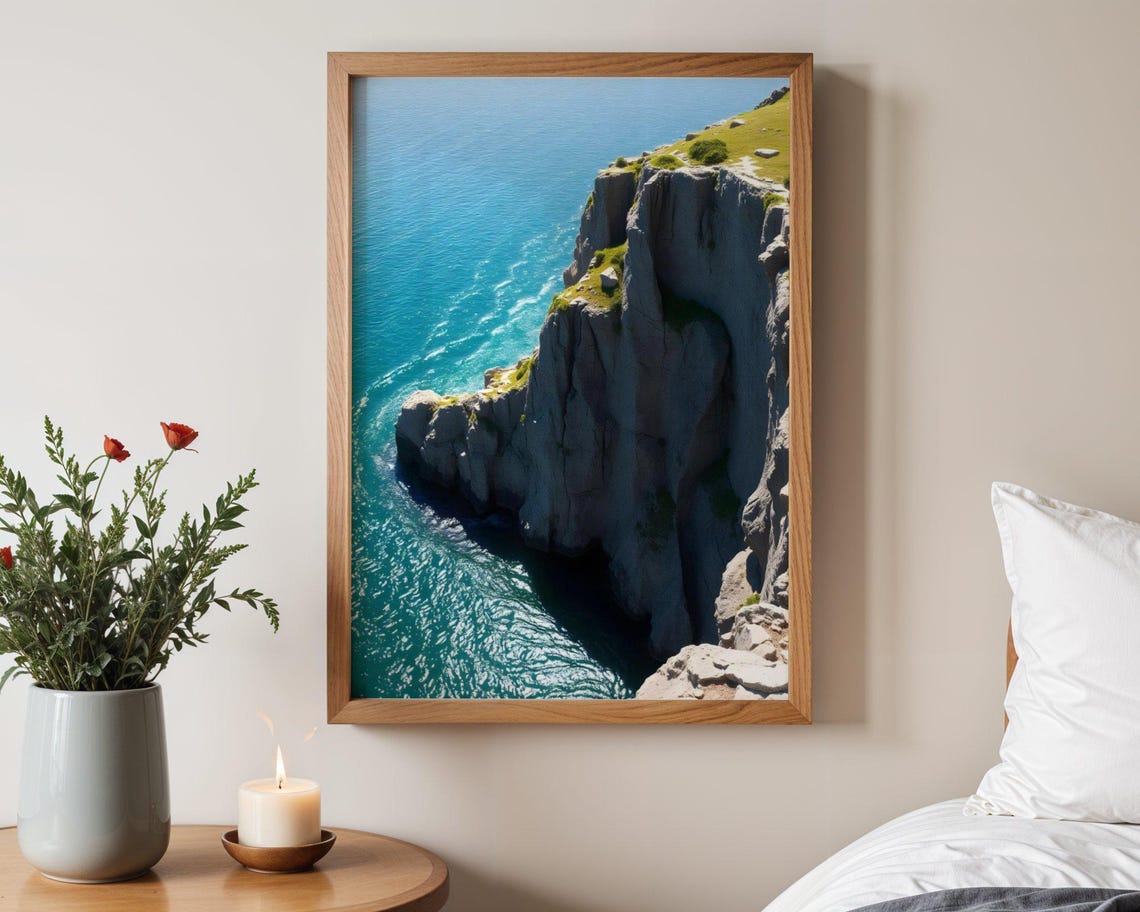 Dramatic Ocean Cliff Overlooking Turquoise Water Aerial Poster
