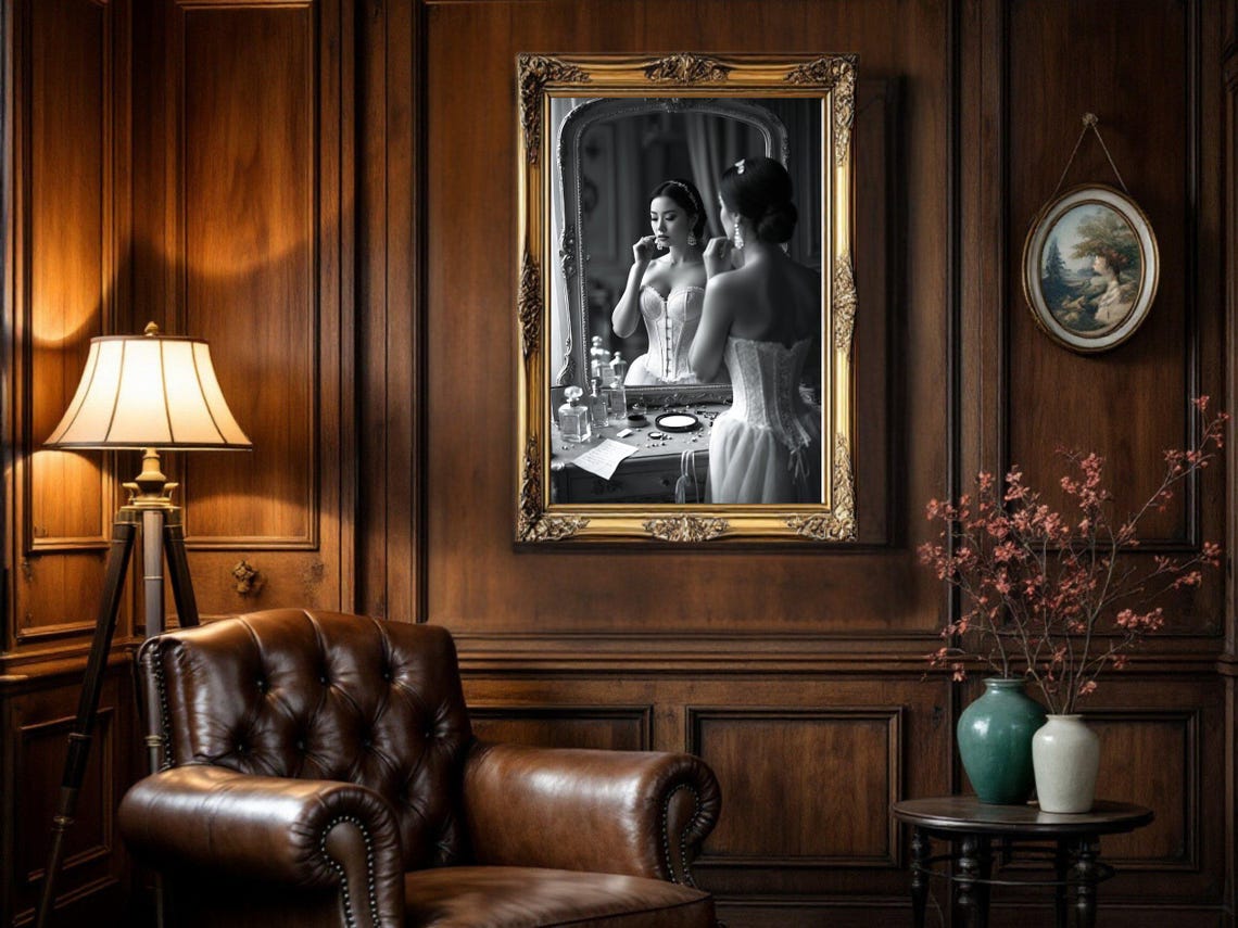Woman In Corset At Vanity Mirror With Perfume Bottles Poster - Image 5