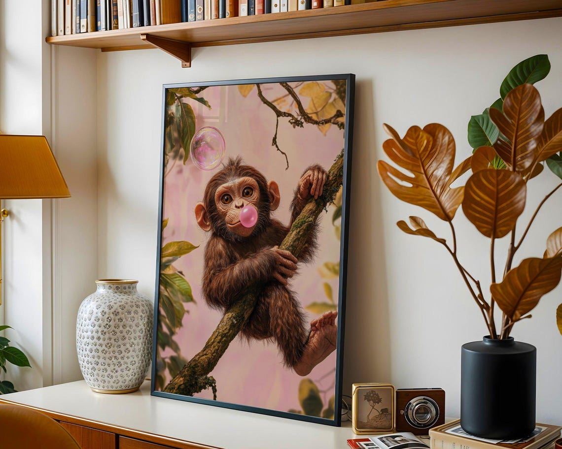Baby Monkey Climbing Tree Blowing Pink Bubble Cute Art Poster - Image 2
