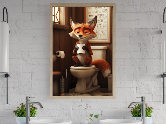 Cute Fox Sitting On Toilet Holding Toilet Paper Funny Bathroom Poster